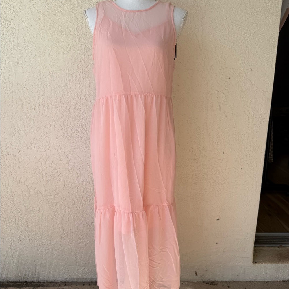 NWT Who What Wear Peach Maxi Dress with Ruffles Medium Polyester Sheer with Slip